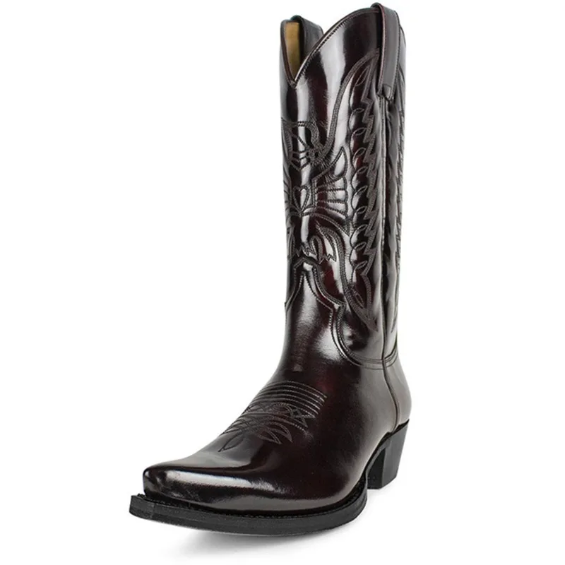 Botas clásicas bordadas para hombre, Botas de cuero puntiagudas de lujo, Botas de caballero a media pantorrilla a la moda, Botas de vaquero del oeste para hombre, Botas de seguridad