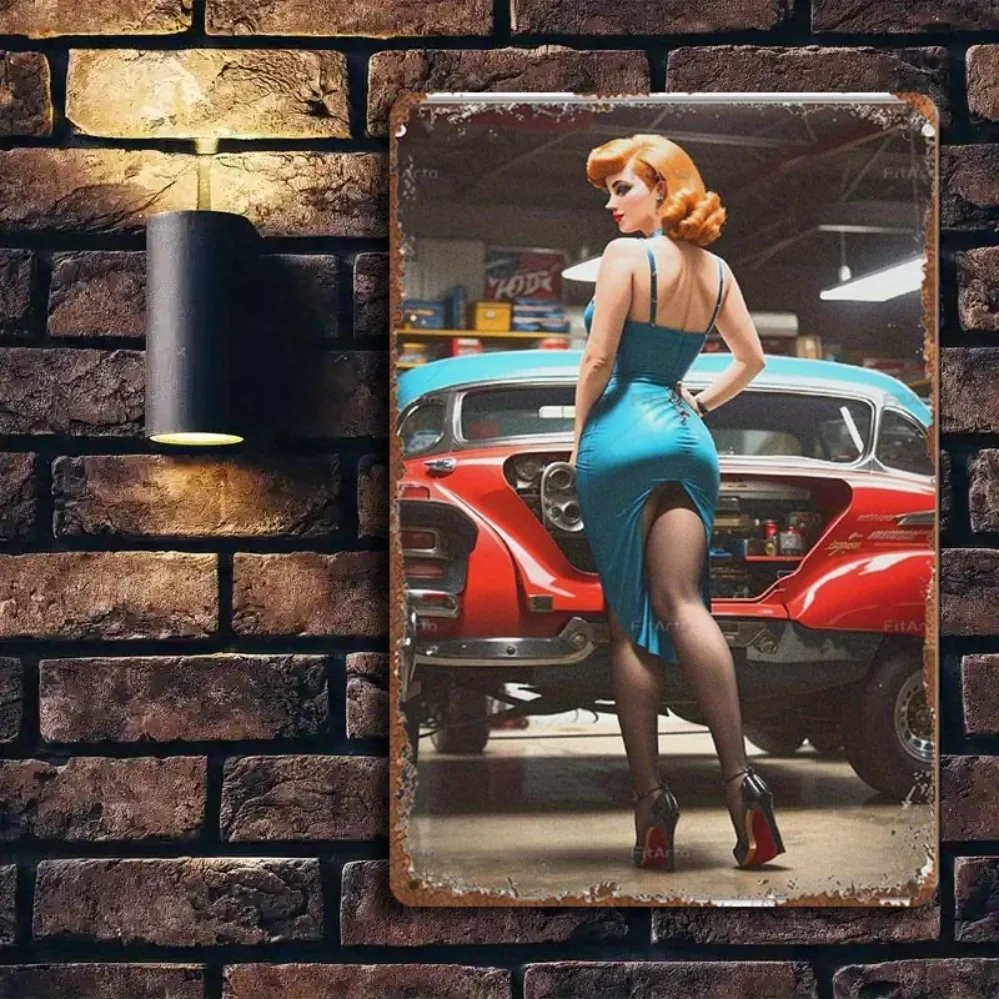 Vintage Metal Tin Sign Retro Pinup Girl & Red Car - Heavy Iron Garage Wall Decor 8x12 Inch - Easy Hanging Home Art for Man Cave