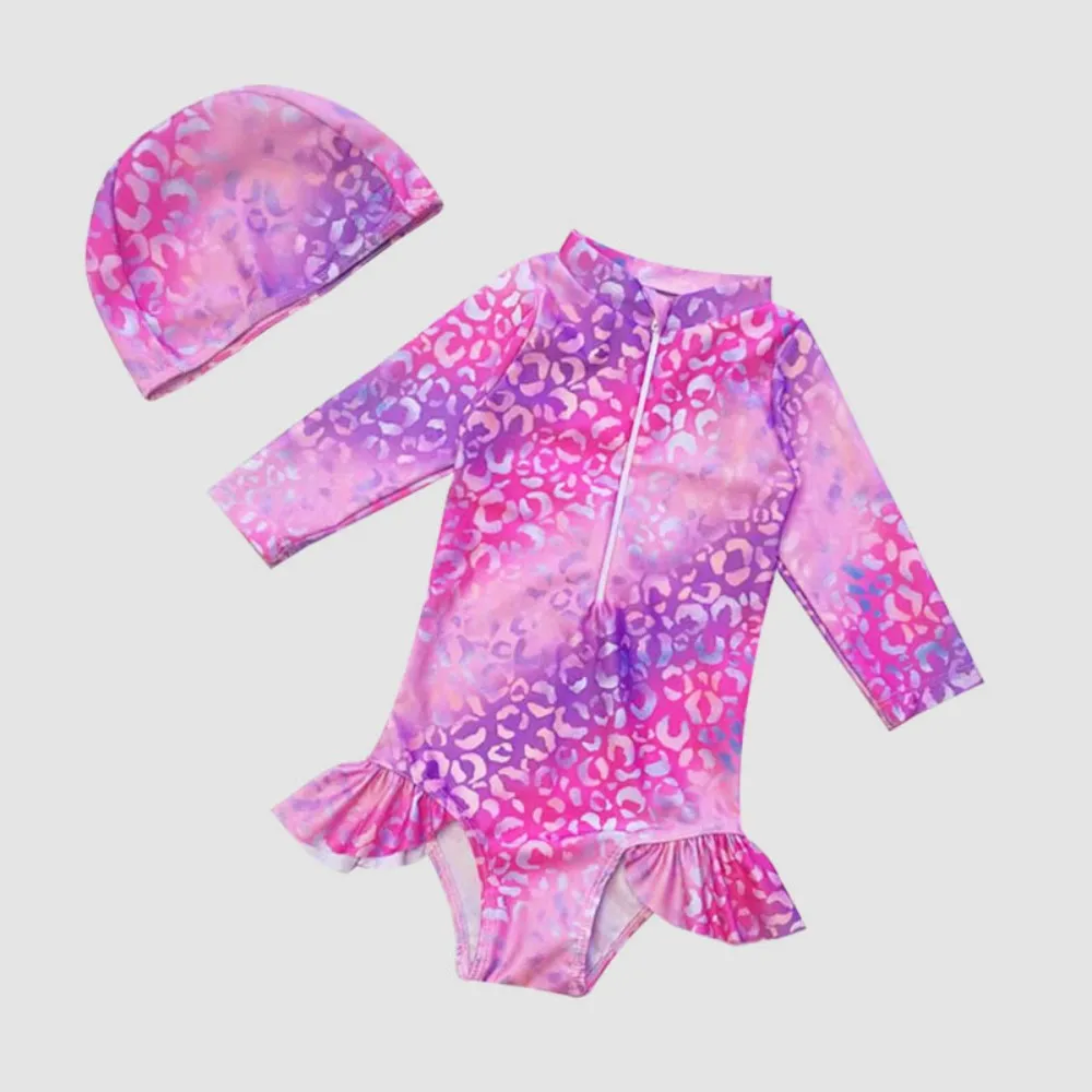Baby Kids One-piece Swimsuit Toddler Girls Long Sleeve Swimwear With Swim Cap Leopard Print Swimming Clothing Baby Bathing Suit
