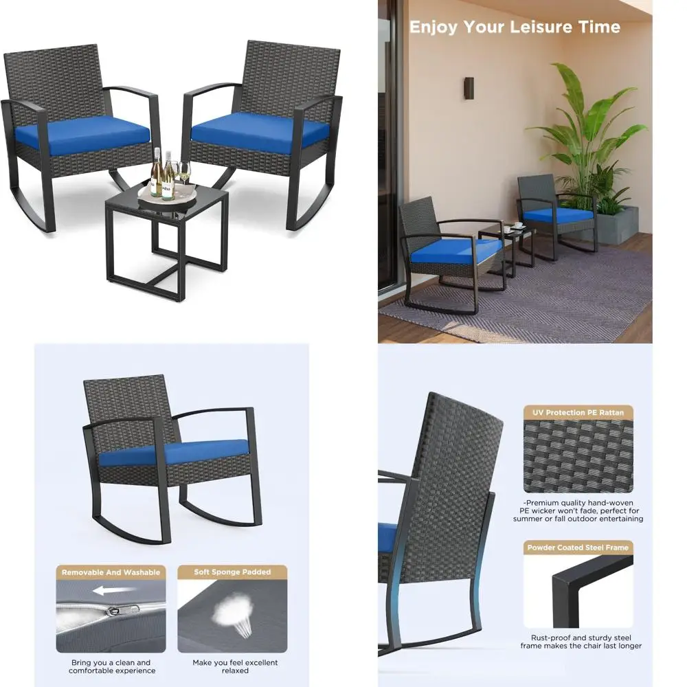 

Outdoor Wicker Patio Bistro Set with Rocking Chairs and Tempered Glass Top Coffee Table Conversation Furniture