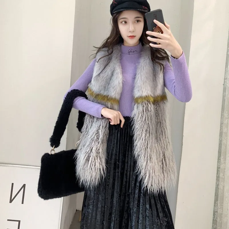 Faux Fur Vest Women Jacket Stitching Beach Lamb Curly Gilet Femme Spring Autumn V Neck Sleeveless Cardigan Loose Waistcoat