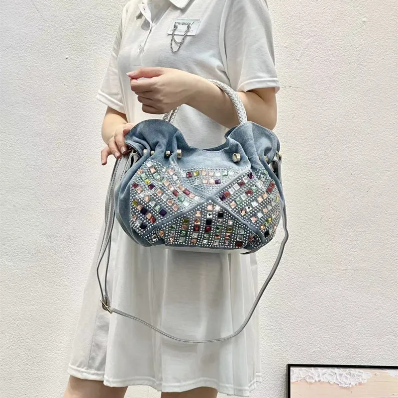 

2025 женские сумки-мессенджеры с бриллиантами и заклепками, женская сумка через плечо, джинсовые сумки, джинсовая сумка, женские сумки высокого качества