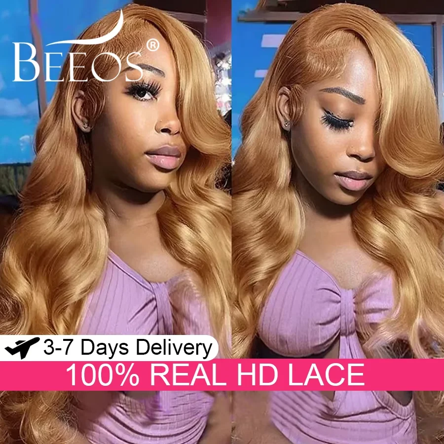 

#27 Honey Blonde Wig 13x6 HD Transparent Lace Frontal Wigs Human Hair Body Wave Colored Wigs Melt Skins Bleached Knots For Women