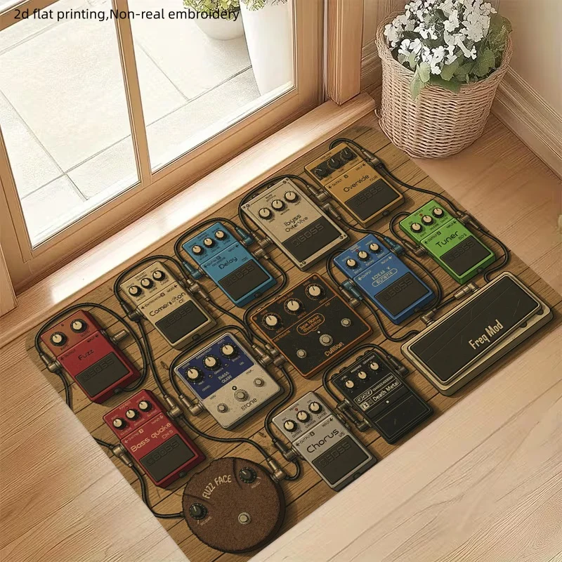1pc Retro Guitar‑Pedal Music Print Welcome Doormat, Non‑Slip Washable Floor Mat for Entryway, Bedroom, Balcony, Home & Outdoor