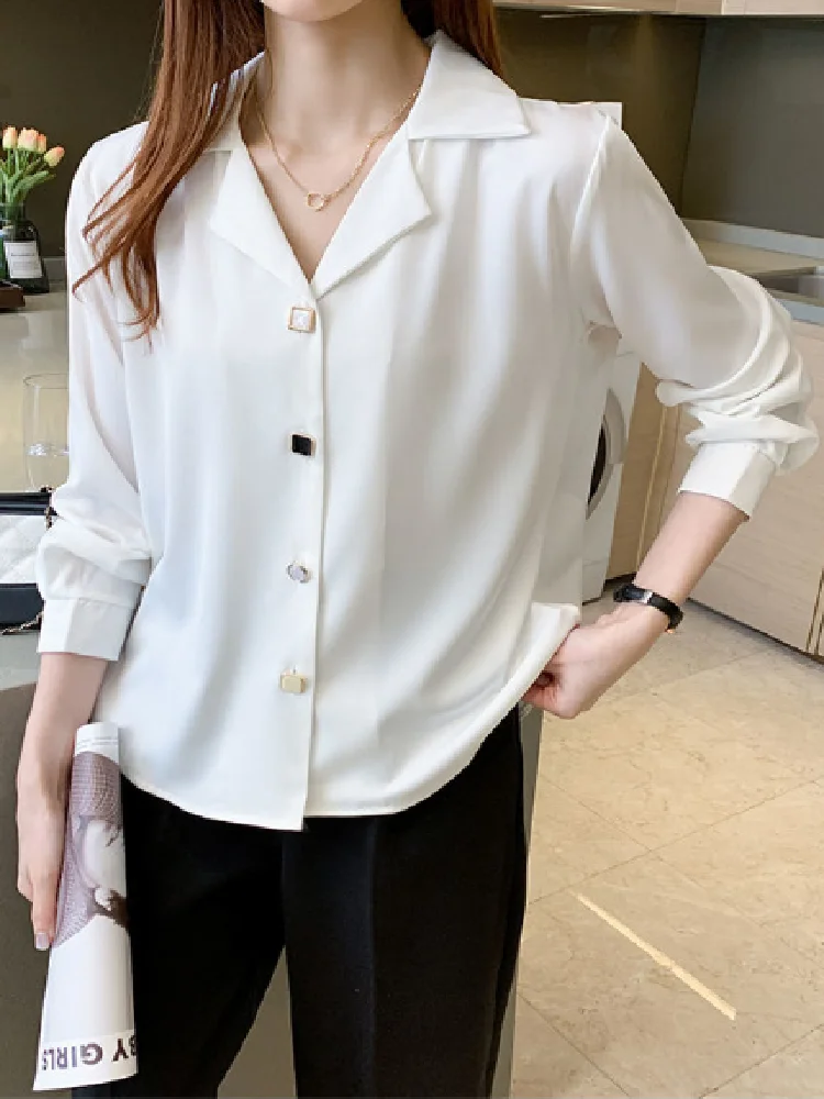 

Simple Ladies Blouses Solid Color Shirt For Women Casual Tops Long Sleeved Chiffon Shirt OL Blusa Professional Female Shirts