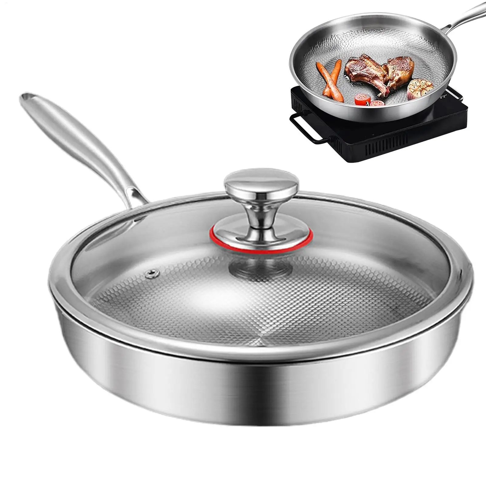 Sartén de titanio con tapa de vidrio, sartén antiadherente de calentamiento uniforme, sartén Woks de acero inoxidable sin recubrimiento, utensilios de cocina de 26/28/30cm