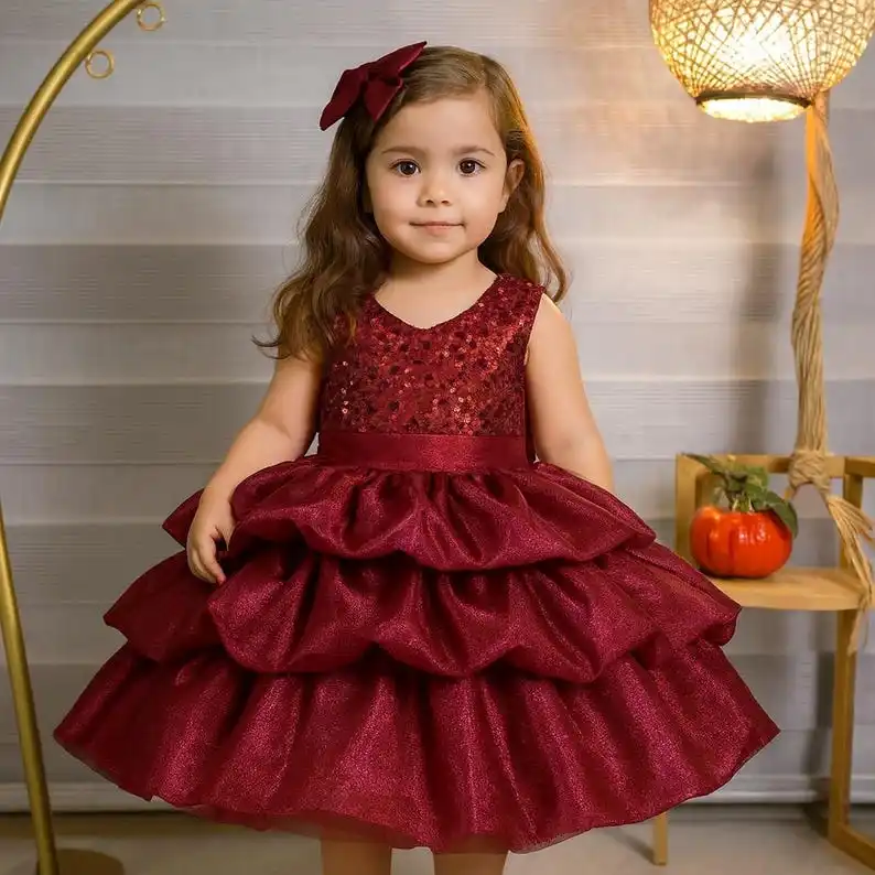 

Flower Girls Dress Handmade Burgundy Organza Dress: Sparkly Glitter Bodice Puffy Skirt Christmas Gift for Girl for Wedding Party