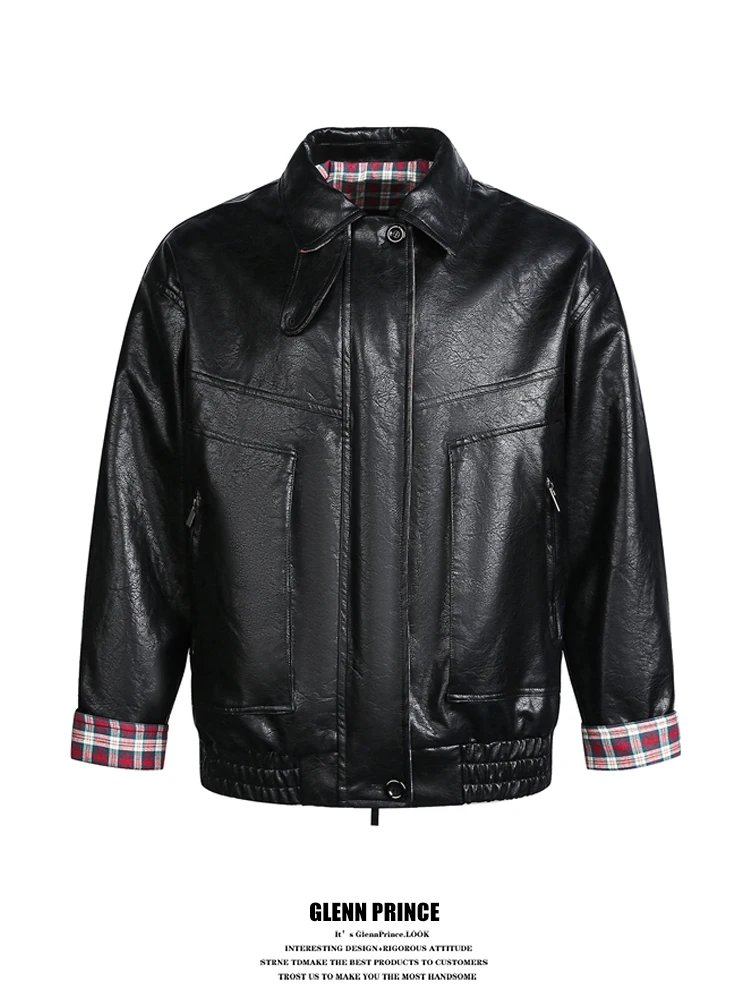 

GPstudio Trendy Color Blo Plaid Collar Men's Leather Jaet Motorcycle Jaet Spring Design Sensation Youthful Energy Sle