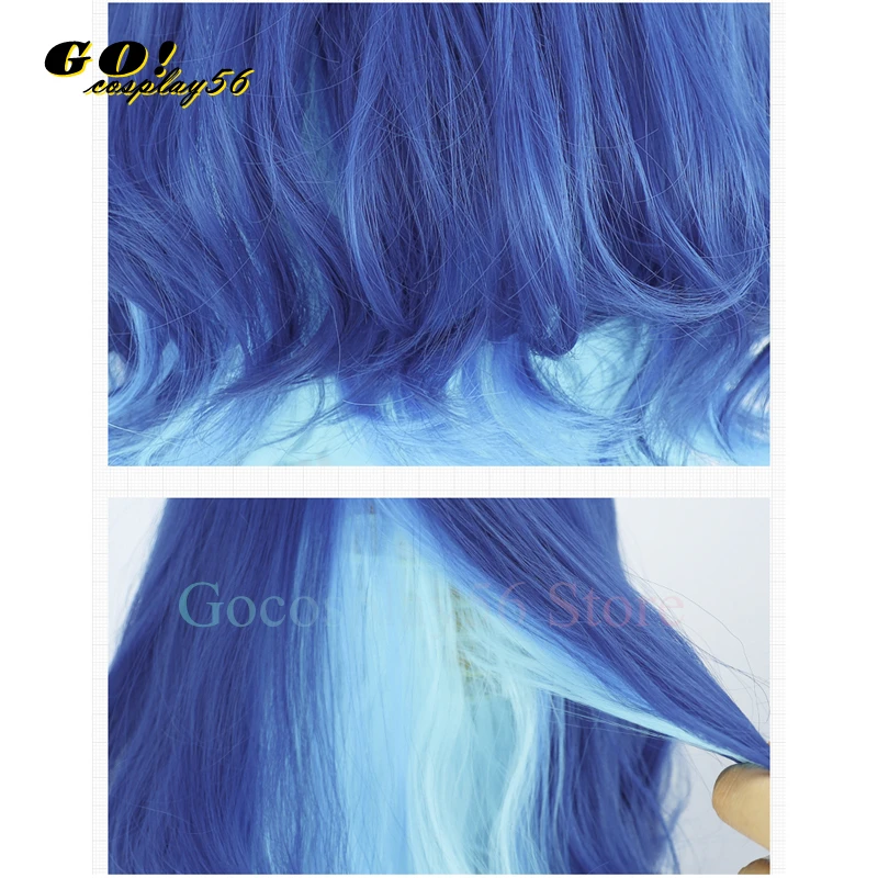 Perruque de Cosplay Vtuber Amamiya Warrioro, Cheveux Courts Bouclés, Dégradé Bleu, Reflets Roses