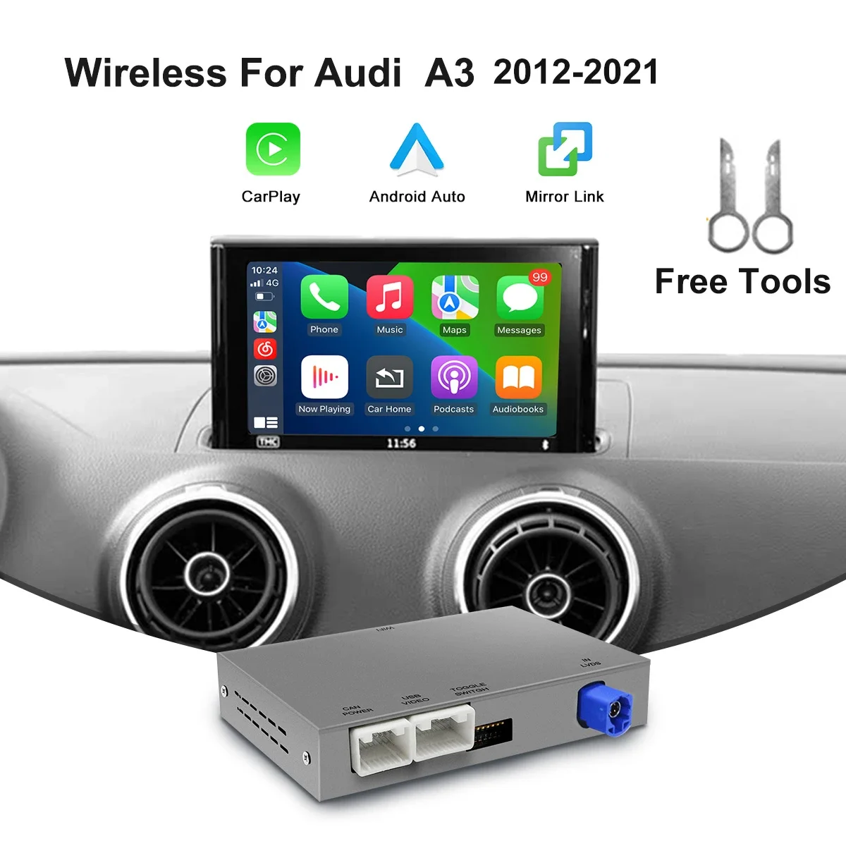 Drahtloser CarPlay Android Auto Adapter für Audi A3 8v 2013-2018 Mirror Link AirPlay Bluetooth GPS Navigation Unterstützt Kamera
