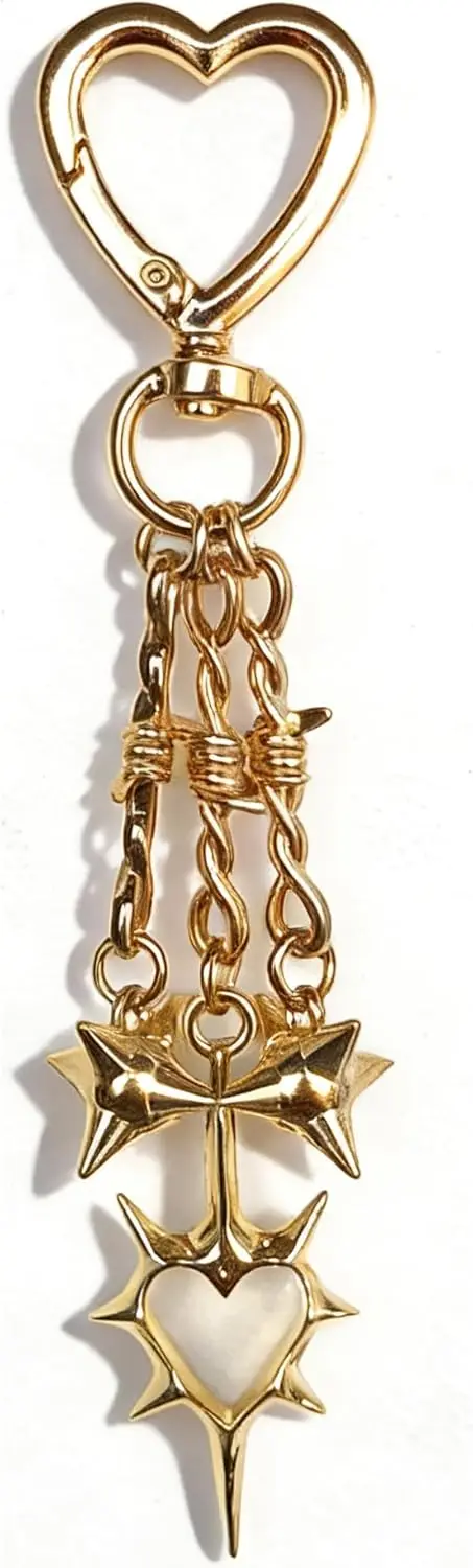 

Y2K Gothic Punk Spiked Heart Keychain Thorn Chain Gold Charm for Bags Boots Alt Style