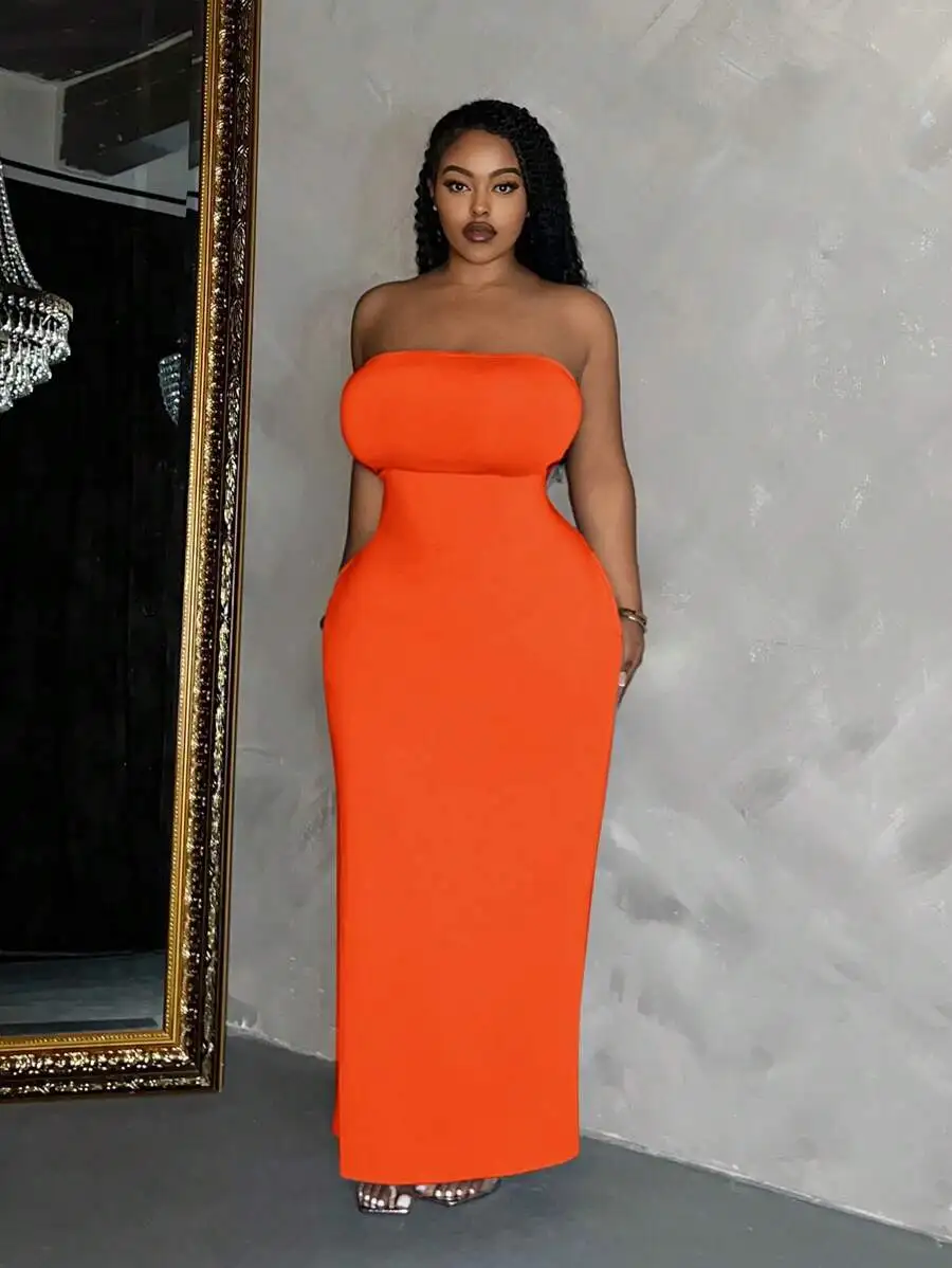 

Plus Size Solid Color Strapless Slim Fit Maxi Dress With Pockets