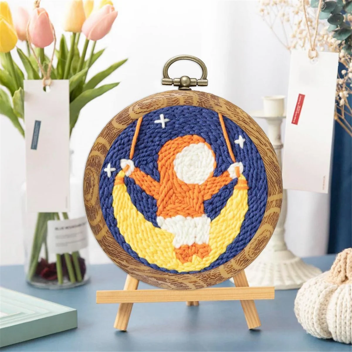 新しい10個の丸型刺繍枠、3インチ模造木製刺繍ディスプレイフレームキット、DIYアートクラフト縫製と吊り下げ用