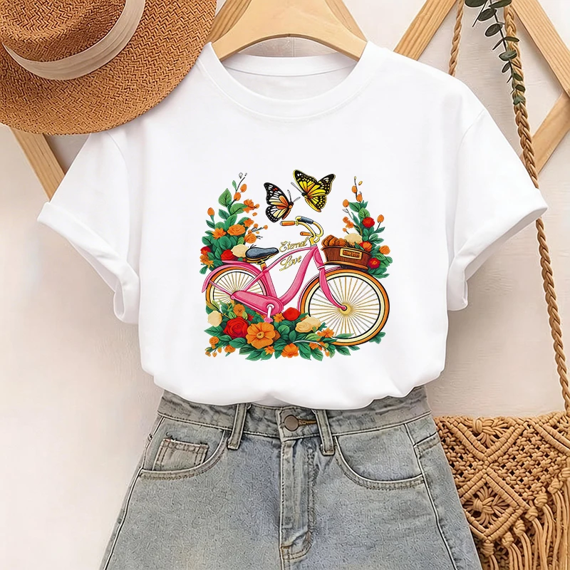 Floral Butterfly with Bicycle Print Casual Women T-Shirt Graphic Print Design Top Spring Summer Crew Neck Short Sleeve Women Tee