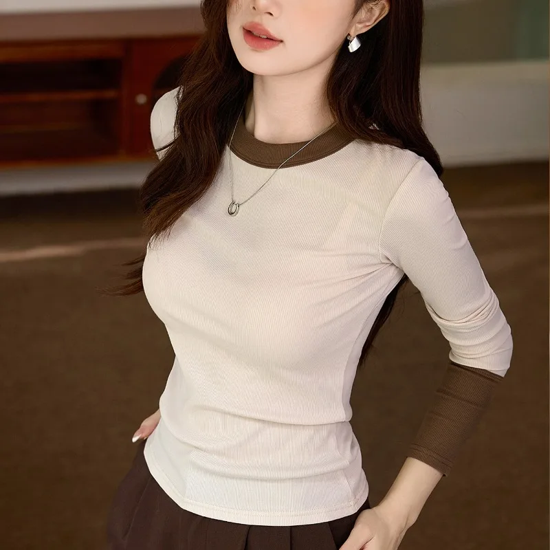 High-end Design Foreign-style Contrasting Color T-shirt Women's Long-sleeved 2025 Autumn New Pure Cotton Bottoming Shirt