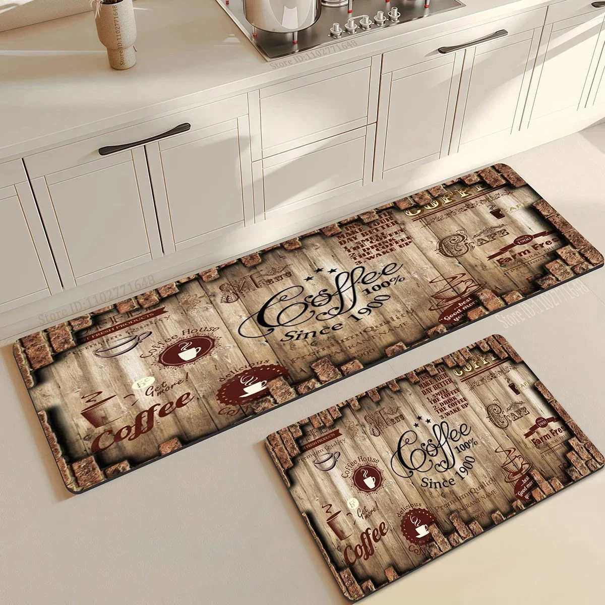 VIKAMA 1/2pcs Wood-Effect Kitchen Rug, Water-Absorbent Non-Slip Coffee Print Kitchen Mat, Coffee Machine Drip Tray Home Decor