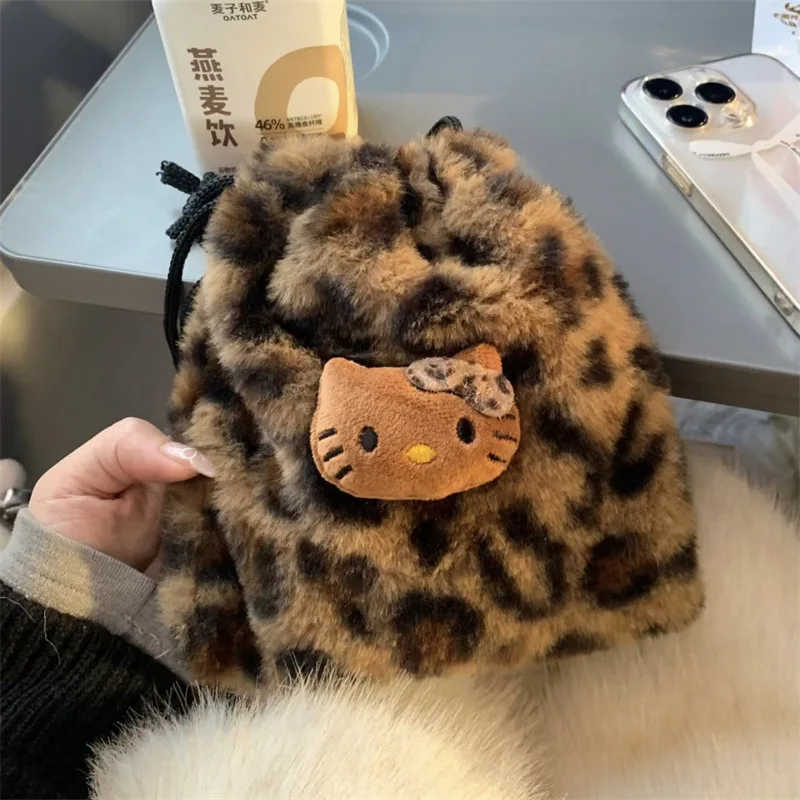 Hot Hello Kitty Autumn and Winter Plush Fashion Makeup Phone Case Girl Snack Bag Leopard Print Collection Y2K Cute Storage Purse