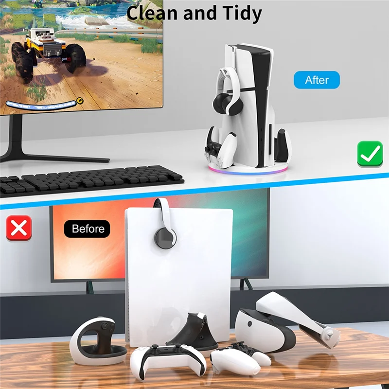 -A89Z para ps5 magro console doca de armazenamento com alça de luz rbg carregador doca + gancho multifuncional conveniente console doca fácil t