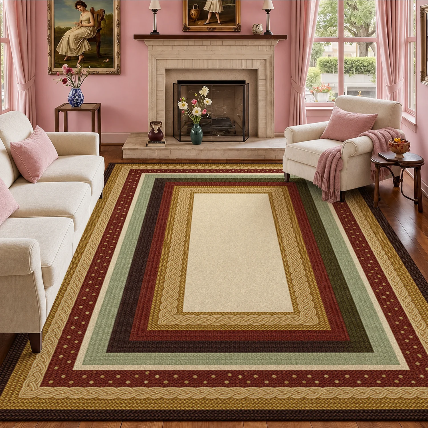Multi Layered Decorative Border Pattern Area Rug Velvet Fabric Machine Washable Ideal for Living Room Bedroom Dining Room Perfect for Halloween Thanksgiving Black Friday Christmas New Year Home Decor