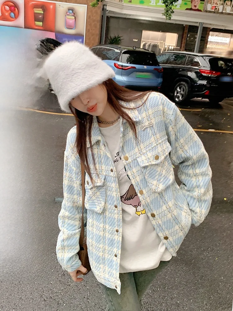 

Faux Fur Short Coat Women's Loose Fit Plaid Pattern Turn-down Collar Slimming Outerwear Vintage Blue Checkered Short Jacket