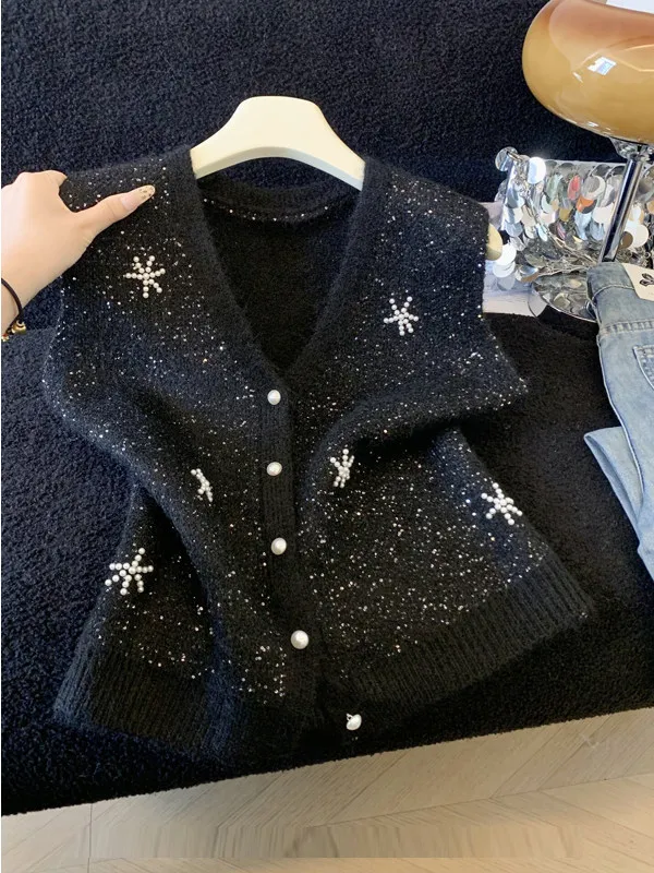 Stunning Knitted Pearl Embellished Vest Cardigan Women's Spring Autumn Fashionable Layering Top Quality Korean Style Outerwear