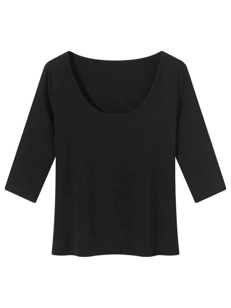 AOSSVIAO 2026 Herbst Neues Damen-T-Shirt Trendiges U-Ausschnitt Dreiviertelärmel-T-Shirt Minimalistisches Weißes Einfarbiges Vielseitiges Lässiges Oberteil – Detail 4