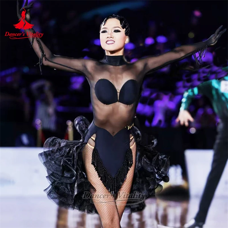 

Women Rumba Samba Netting Fabric Perspective Style Dresses Customized Adult Latin Dance Hight-neck Clothing Dancer's Vitality