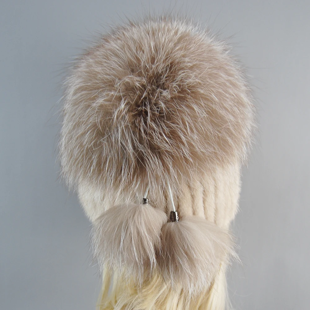 Hot Fashion high quality Real Mink Fox Hat Winter Warm Women Knitting Caps Mink Hats Vertical Weaving With FOX Fur On The Top