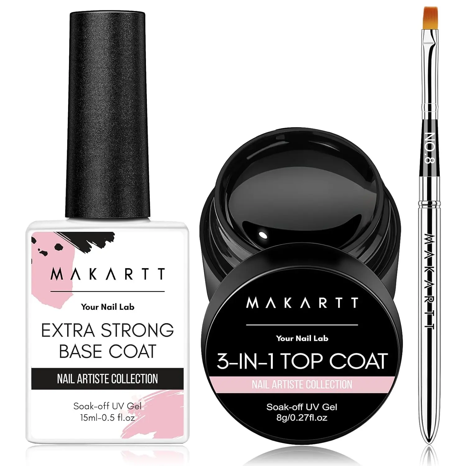 

Makartt 2 Pcs Extra Strong Base Coat & Hard Gel Top Coat for Gel Polish with Nail Art Brush, 3-in-1 Long-Lasting