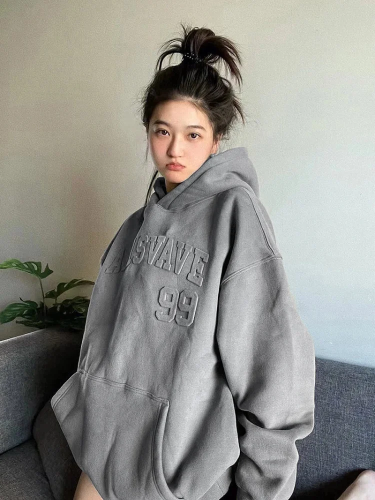 Hooded Grey Woman Clothing Hoodies Loose Graphic Letter Printing Text Sport Top Baggy Women\'s Sweatshirt Y2k Vintage Xxl New In