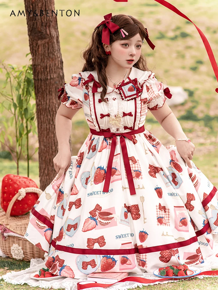 

Large Size Vintage Cute Slim OP Dresses Sweet Cartoon Printed Peter Pan Collar Ball Gown Dress for Women Lolita Summer Dress