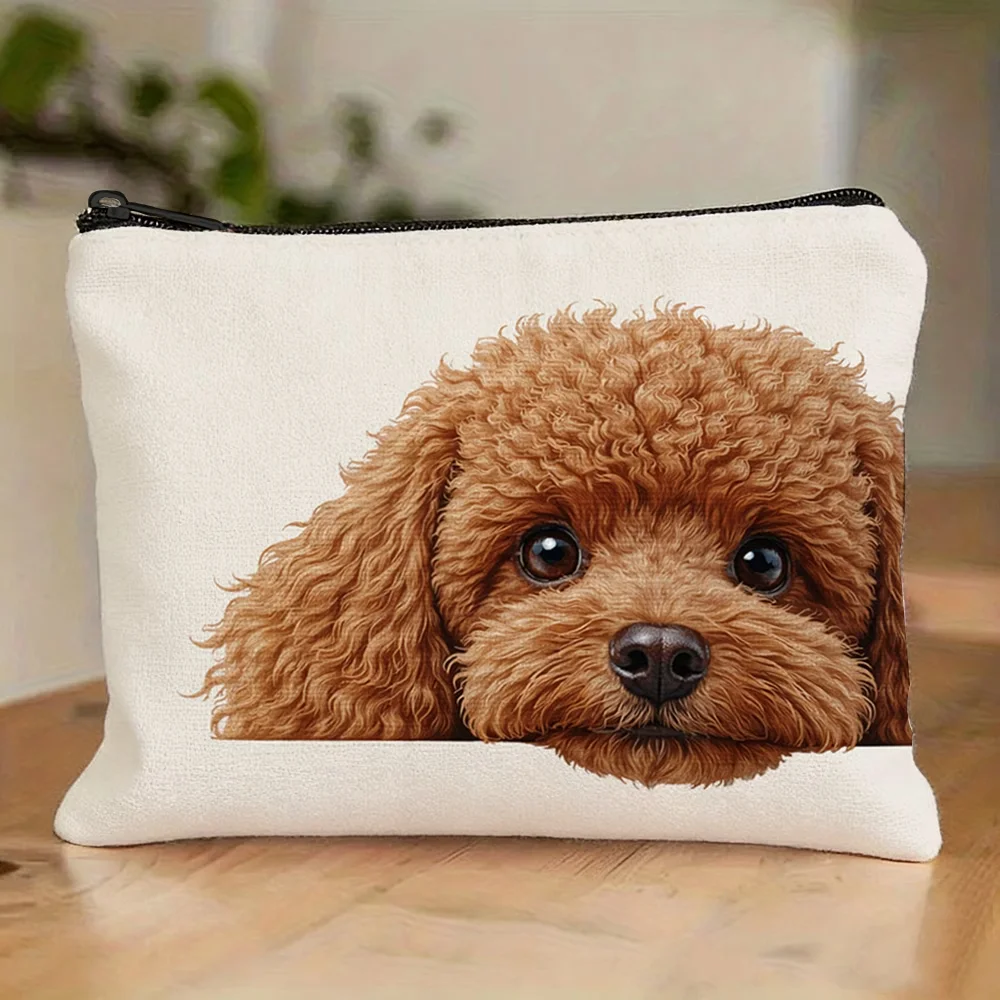1Pc 2D Cute Brown Dog Print Makeup Bag, Multi‑use Travel Pencil Case, Ideal Gift for Girls Students Dog Lovers Sisters Friends