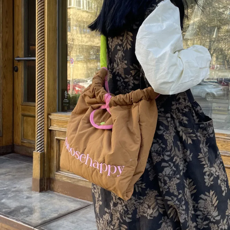 Korean Style Designer Women Tote Bag Embriodery Letter Large Tote Handbags Color Matching Student Nylon Shoulder Bag