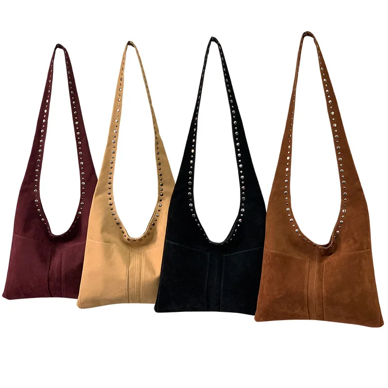 

2025 European and American new vintage deerskin velvet rivet bag motorcycle style underarm shoulder bag women handbag