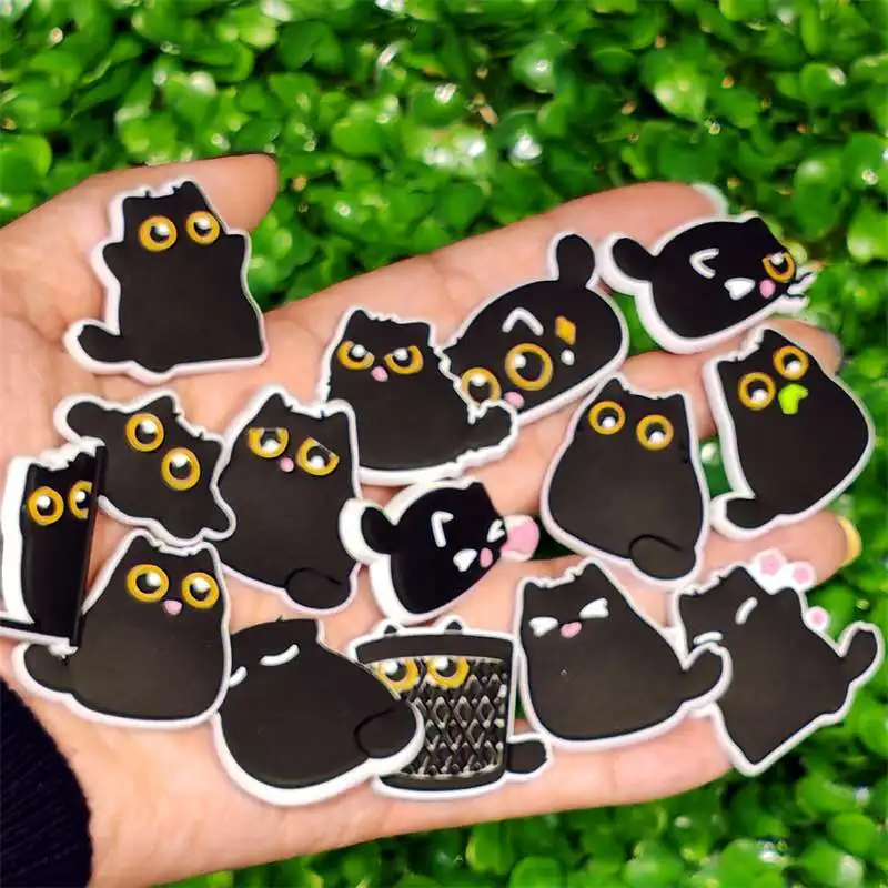 1-15PCS Cartoon Animal Black Cat PVC Shoe Charms Wristbands Sandal Shoe Decoration Buckle Garden Slipper Accessories Xmas Gift