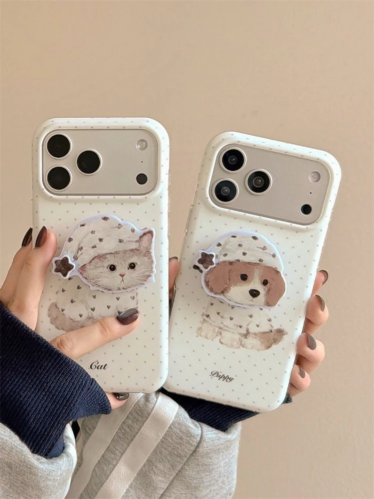 

Korean Cute Dog Puppy Cat Polka Dot Phone Case For iPhone 15 16 17 Pro Max Shockproof Protective Back Cover Holder Stand