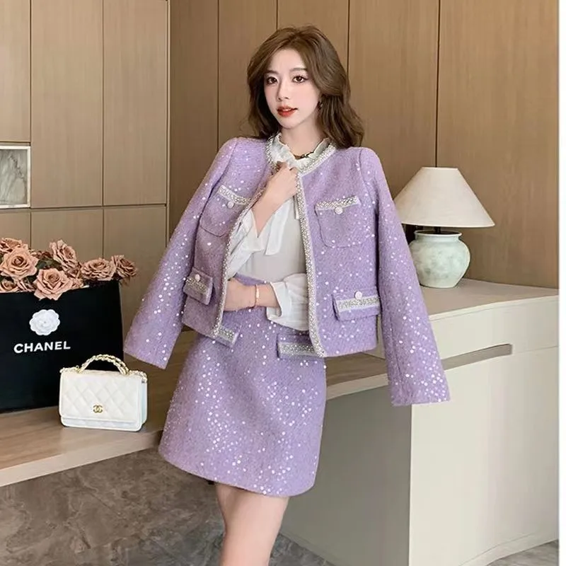 Blazer Suits Mini Skirts Sets Women Plaid Short Two Piece Set Autumn Pink White Slim Tweed Jacket Half Skirt Female Two-piece