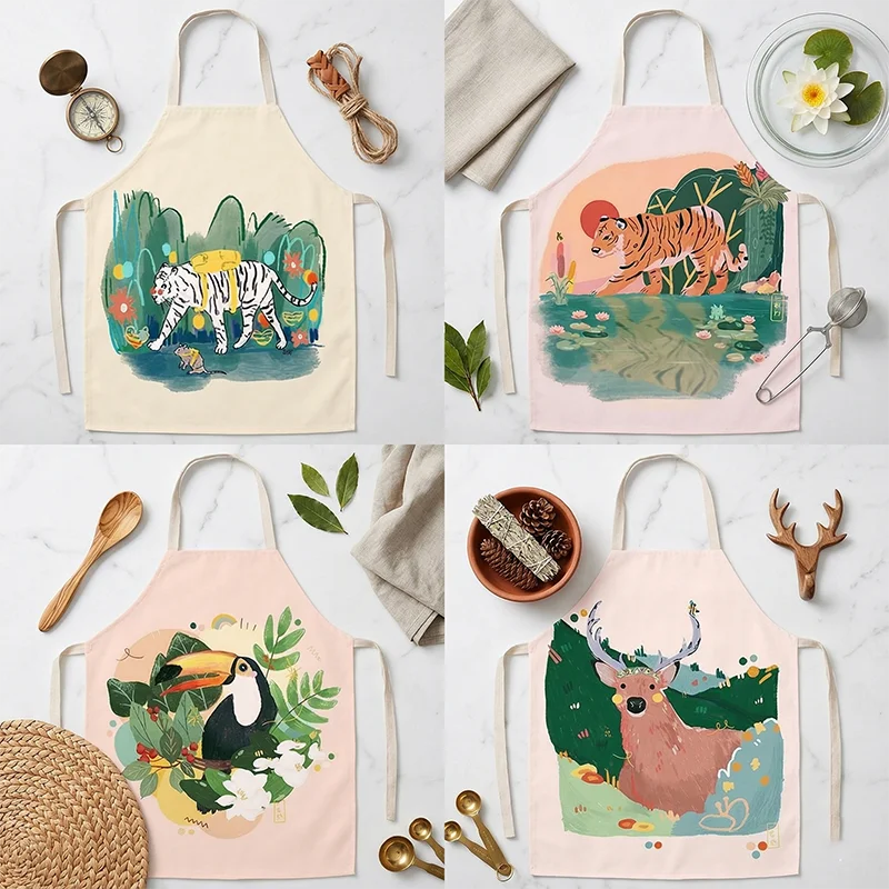 

Vintage Nature Animal Print Apron Tiger Deer Canvas Kitchen Cooking Baking Pinafore for Women Cafe Barista Art Bib Home Wear