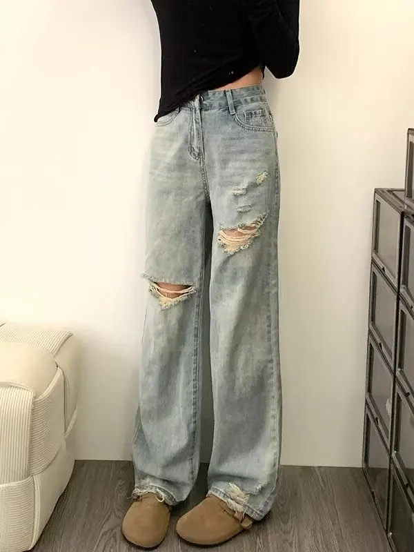 

Retro High Waist Skinny Jeans Women's Spring Summer Thin Denim Pants Straight Leg Torn Hole Design Casual Wide Leg Pants