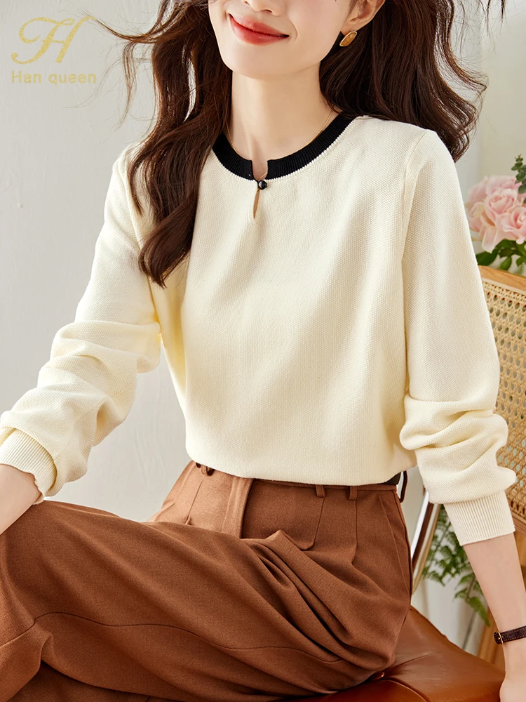 H Han Queen Autumn Winter Korean Elastic Knit Pullovers Sweaters Loose O-Neck Knitted Bottoming Shirt Long Sleeve Sweater Tops