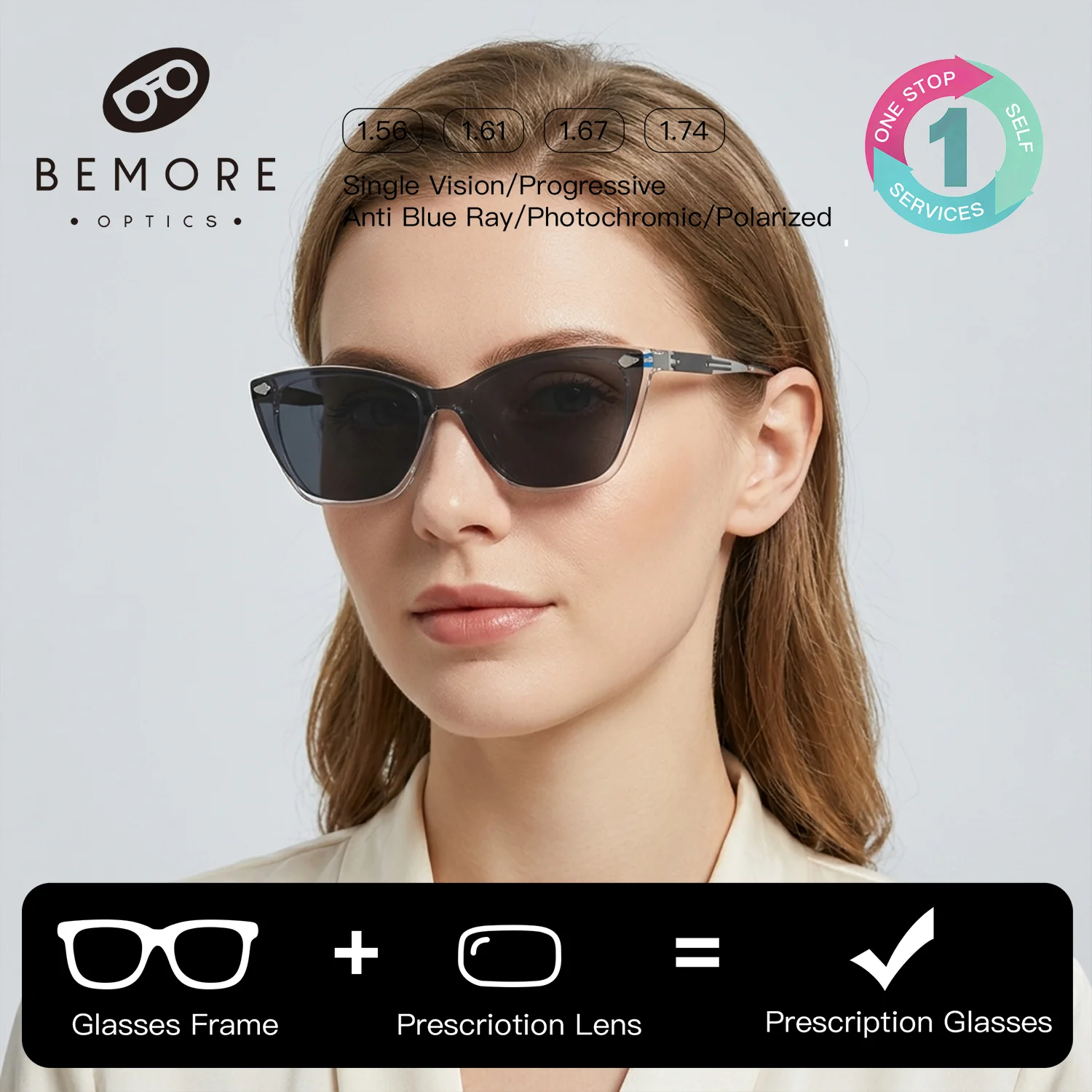 

BEMORE Clip on Sunglasses Cat Eye Handmade Acetate Progressive Multifocal Glasses Anti-Blue Light Prescription Eyeglasses