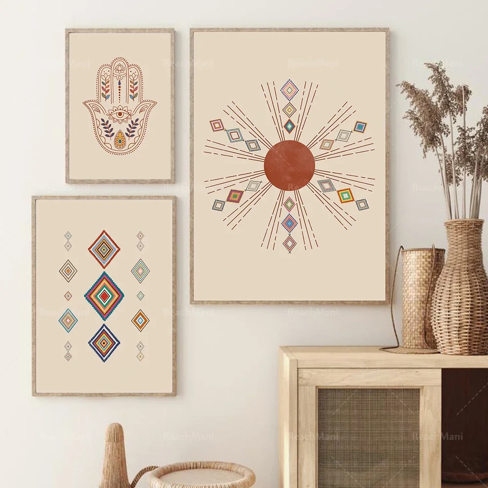 Sun Hamsa Hand Moroccan Print, Bohemian Abstract Art Wall Decor Poster, Home Decor