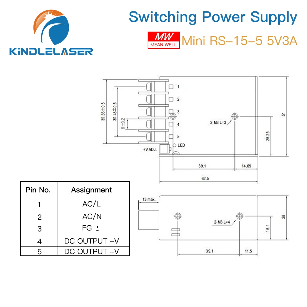KINDLELASER MeanWell Single Output Switching Power Supply 5V3A DC for LED NES/S DIY 3D Printer