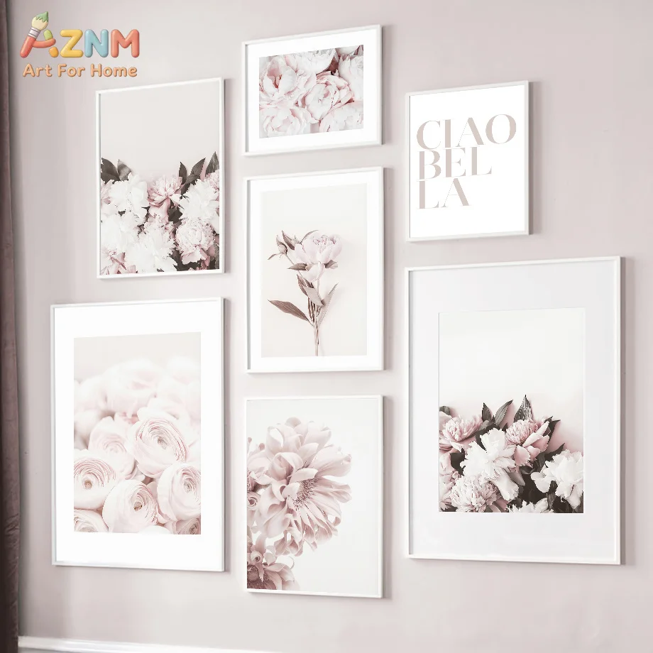 AZNM Soft Pink Peony Rose Canvas Print Floral Photography Ciao Bella Text Minimalist Girls Bedroom Unframed Wall Poster Decor Ar