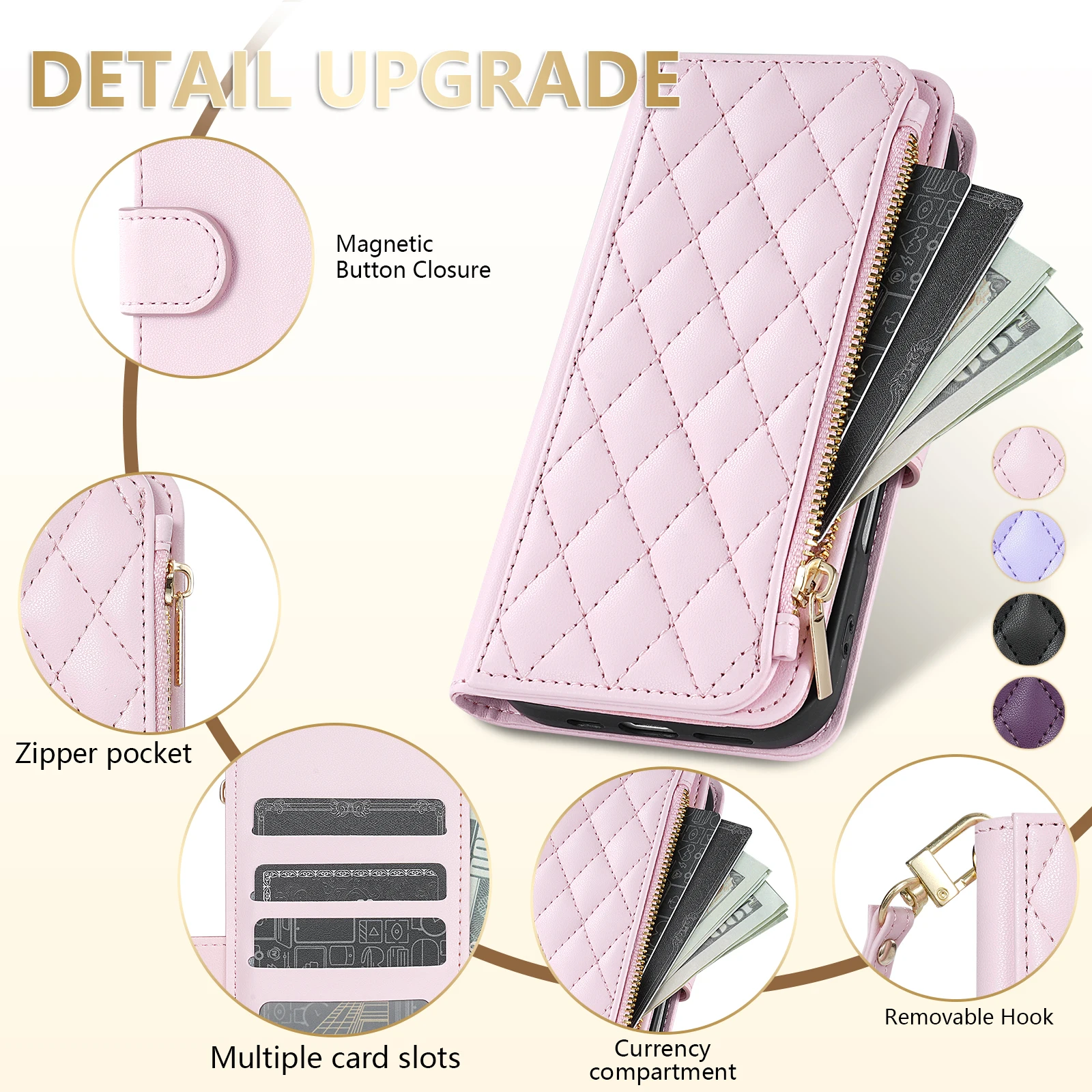 

Wallet Small Fragrance Zipper Cardslot Stand Magnetic Flip Leather Case For iPhone 16 Pro Max 15 Plus 14 13 Mini 12 11 X SE2 8 7