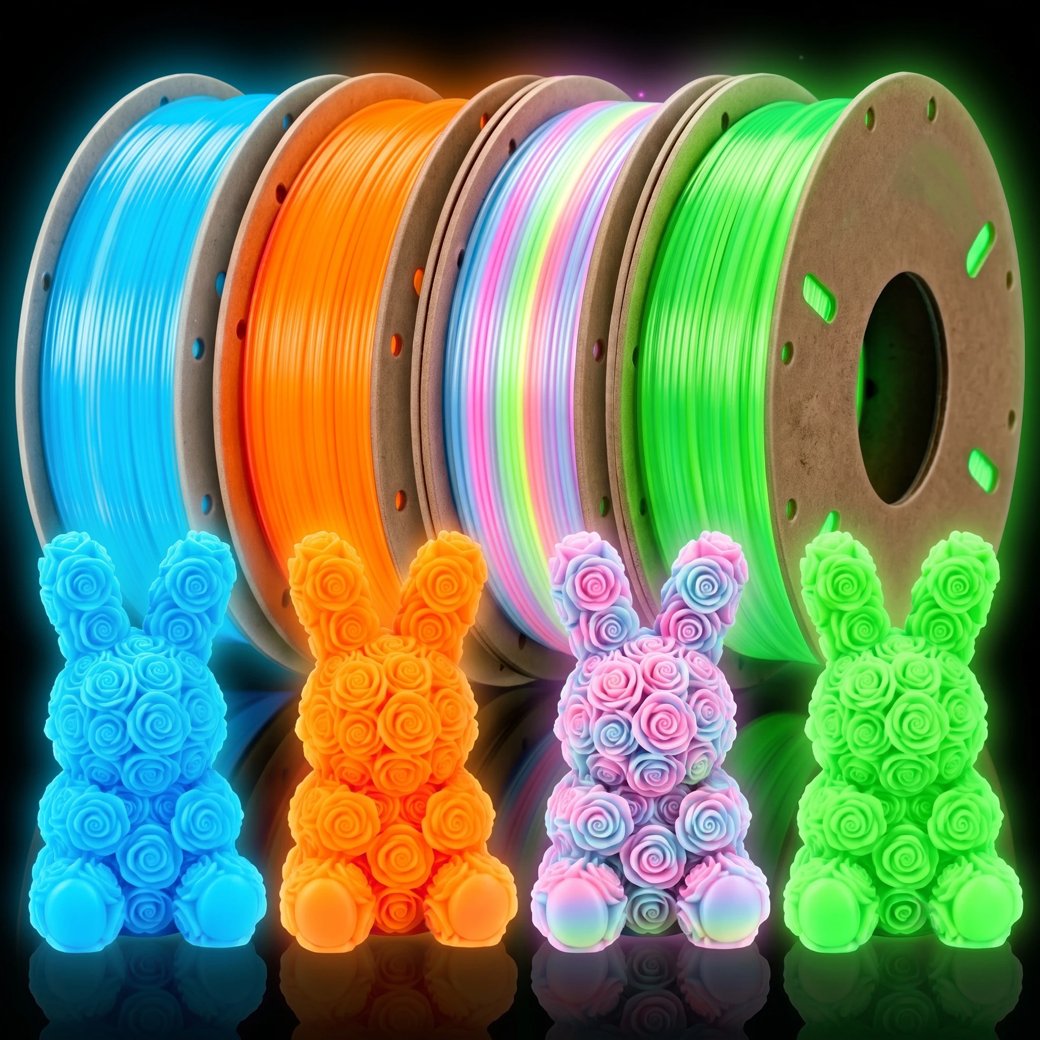PLA Filament 3D Printer Filament Bundle Multicolor 1.75mm +/- 0.03mm, PLA Filament 250g Spool, 4 Rolls, Glow in the Dark