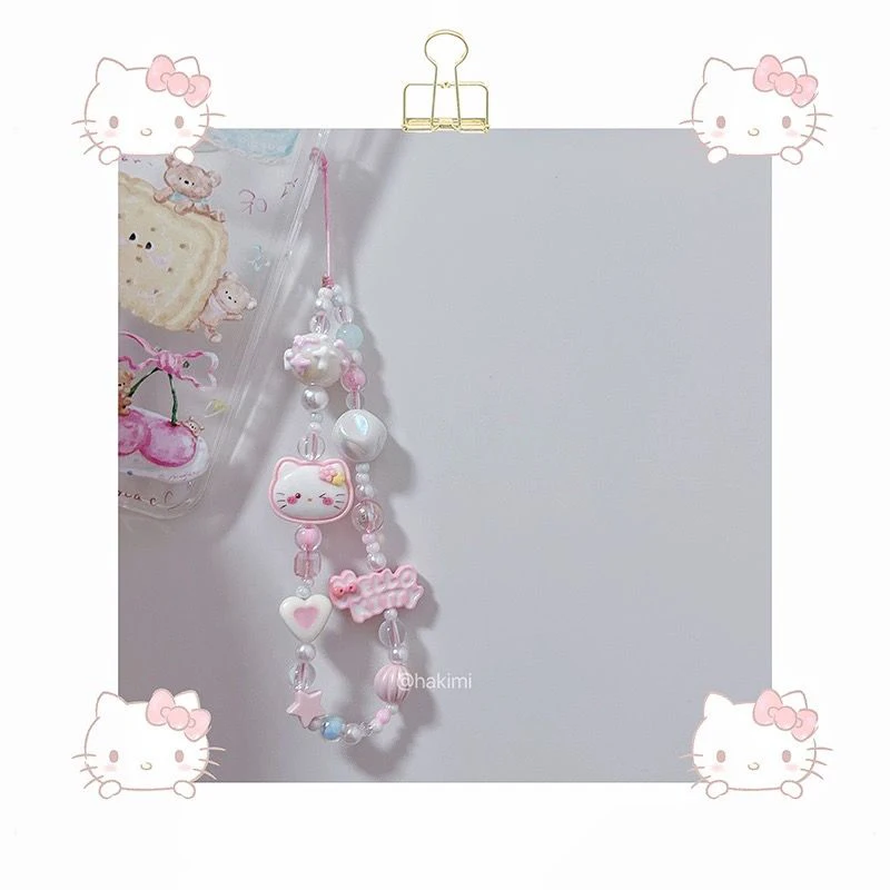 Kawaii Sanrio Hello Kitty Original Beaded Pink Hand-painted Cute Phone Chain CCD Anti-lost Camera Rope Lanyard Decoration