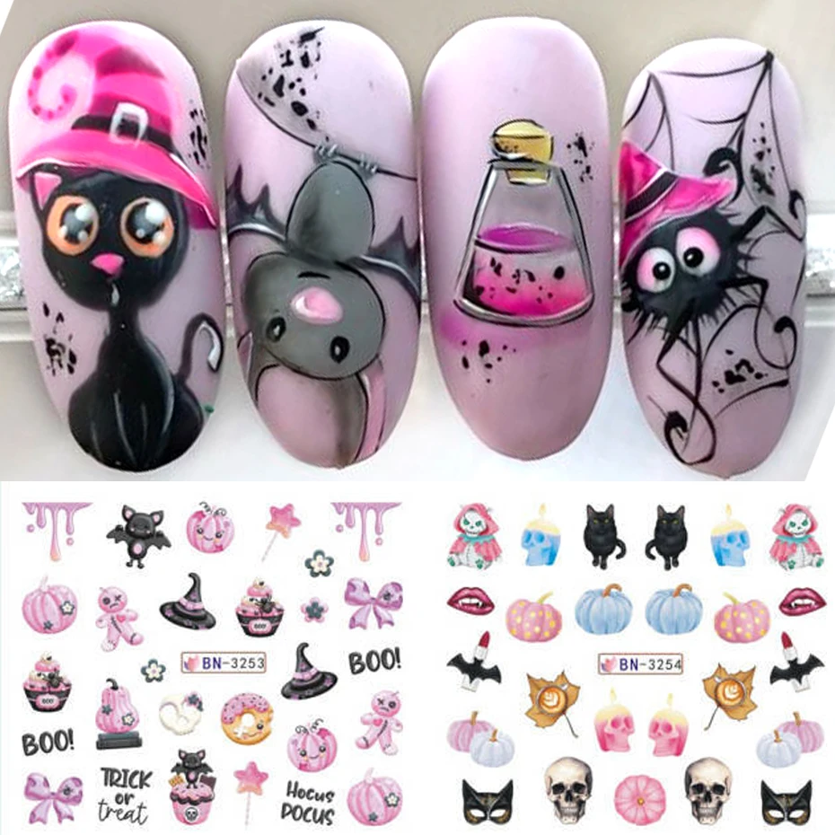 Halloween Pumpkin Ghost Nail Art Stickers Skull Evil Ghost Cat Water Decal Slider Bat Cute Eyes Manicure Tattoo Decoration