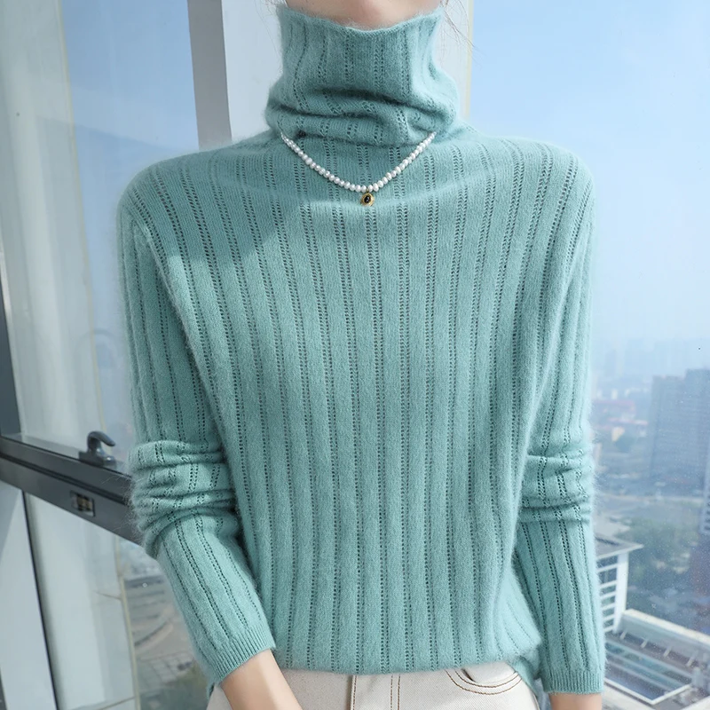 

Autumn Winter 100% Mink Cashmere Sweater Women' High Neck Knitted Pullover Fashion Hollow Warm Base Shirt Loose Lapel Thick Tops