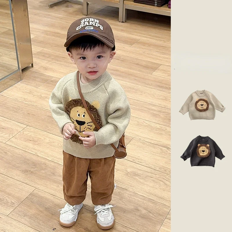 아기옷 2023 Winter Baby Clothes Boy Pullover Sweater Baby Cartoon Lion Knitted Top Girl Warm Versatile Sweater Baby Boy Clothe セーター